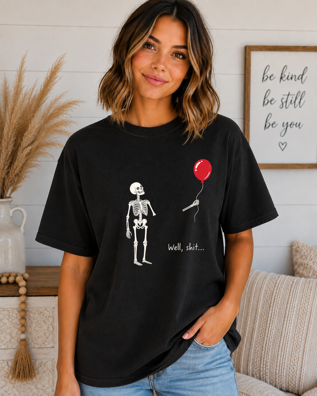 Funny Skeleton Balloon Comfort Colors T-Shirt | “Well, Shit...” Halloween Graphic Tee | Spooky Season Skeleton Shirt
