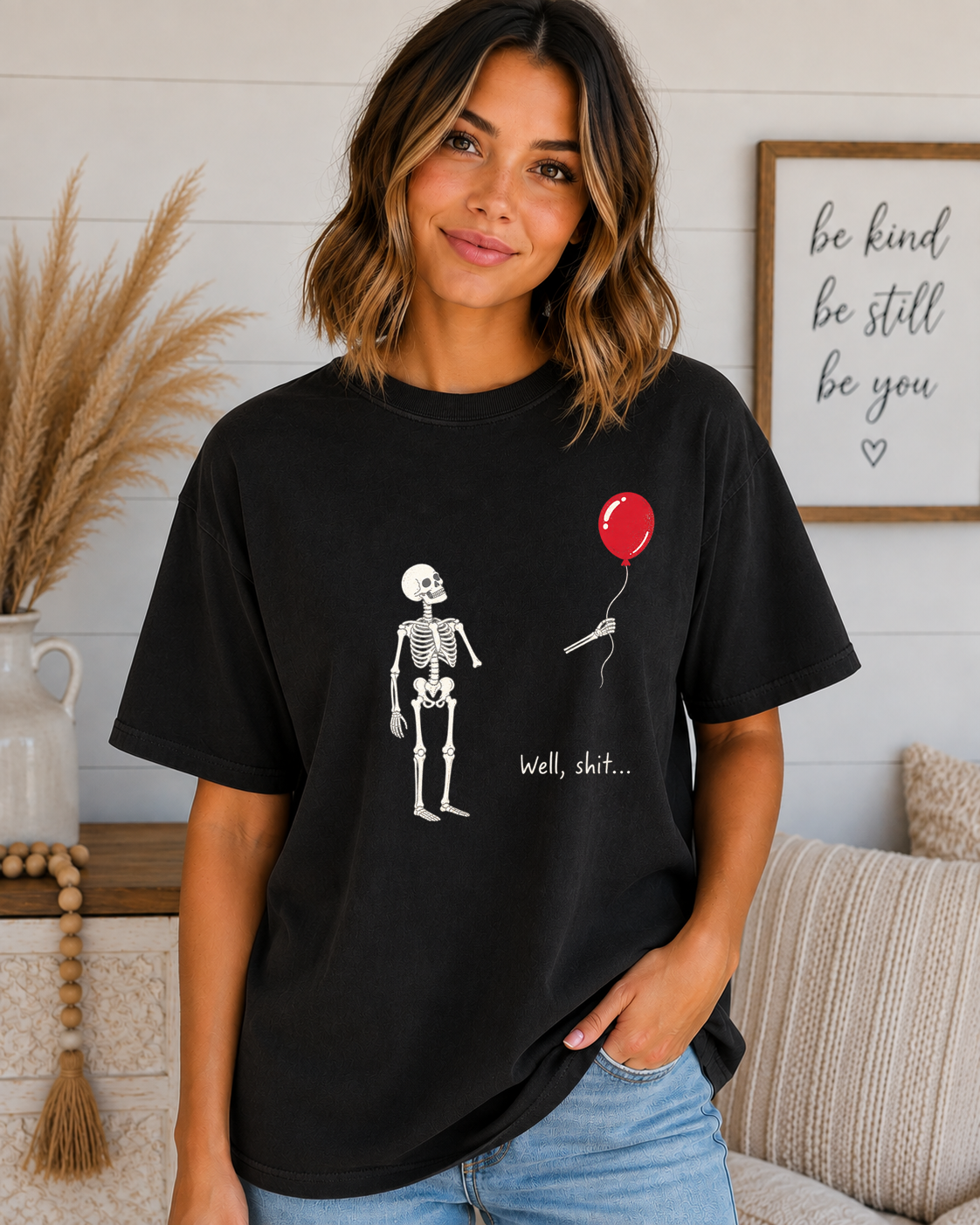 Funny Skeleton Balloon Comfort Colors T-Shirt | “Well, Shit...” Halloween Graphic Tee | Spooky Season Skeleton Shirt