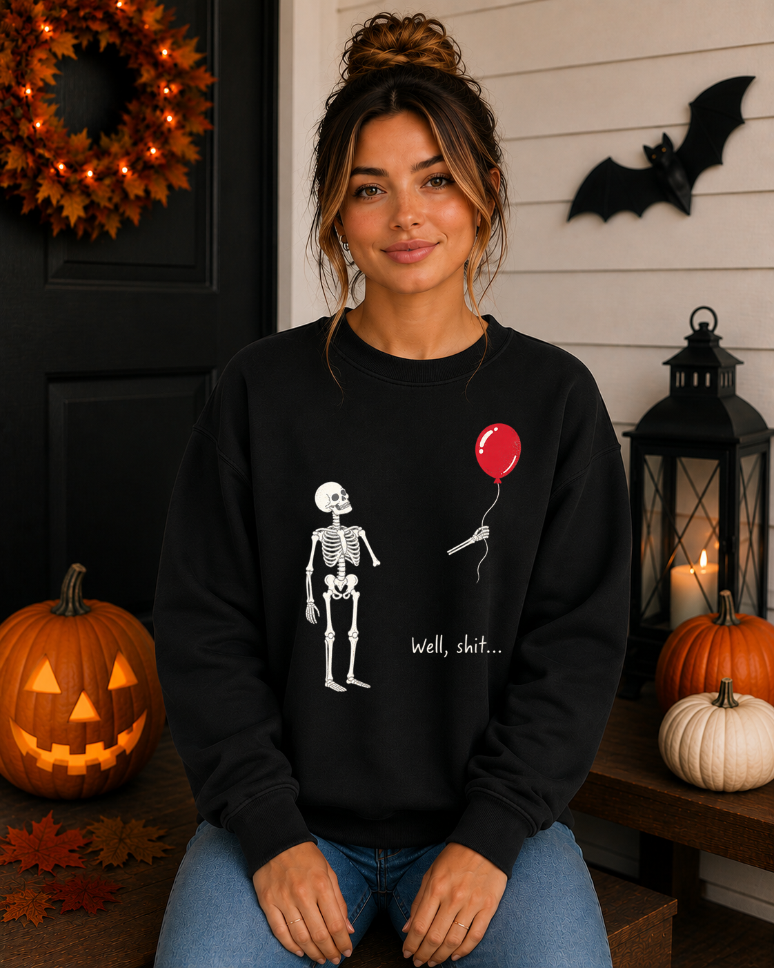 Funny Skeleton Balloon Gildan Sweatshirt | “Well, Shit...” Halloween Crewneck | Sarcastic Spooky Season Skeleton Sweatshirt