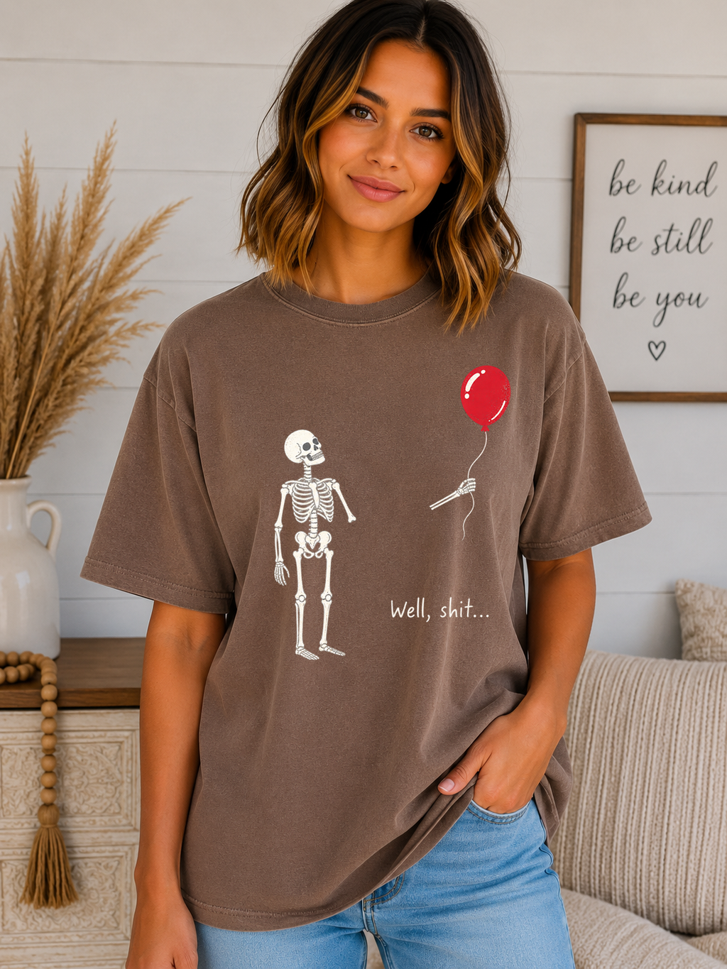 Funny Skeleton Balloon Comfort Colors T-Shirt | “Well, Shit...” Halloween Graphic Tee | Spooky Season Skeleton Shirt