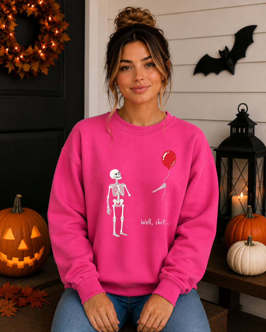 Funny Skeleton Balloon Gildan Sweatshirt | “Well, Shit...” Halloween Crewneck | Sarcastic Spooky Season Skeleton Sweatshirt