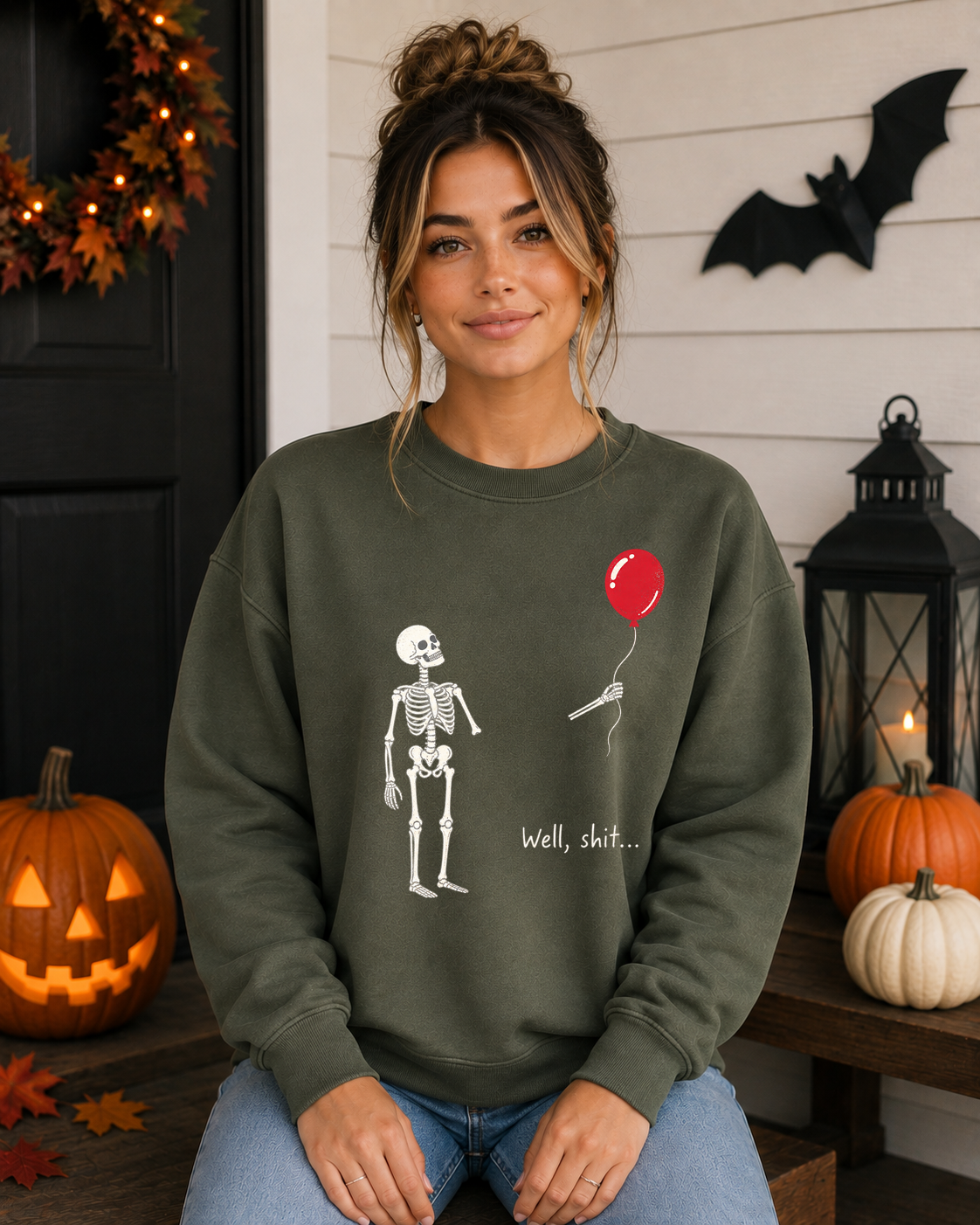 Funny Skeleton Balloon Gildan Sweatshirt | “Well, Shit...” Halloween Crewneck | Sarcastic Spooky Season Skeleton Sweatshirt