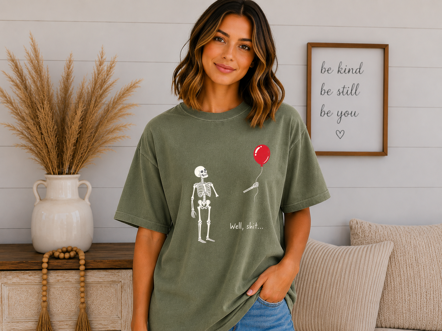 Funny Skeleton Balloon Comfort Colors T-Shirt | “Well, Shit...” Halloween Graphic Tee | Spooky Season Skeleton Shirt