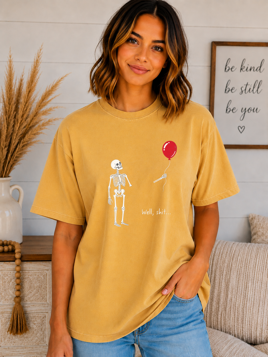 Funny Skeleton Balloon Comfort Colors T-Shirt | “Well, Shit...” Halloween Graphic Tee | Spooky Season Skeleton Shirt