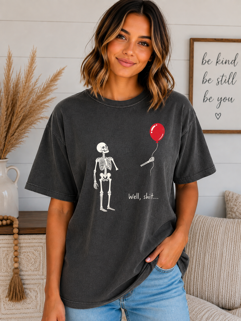 Funny Skeleton Balloon Comfort Colors T-Shirt | “Well, Shit...” Halloween Graphic Tee | Spooky Season Skeleton Shirt
