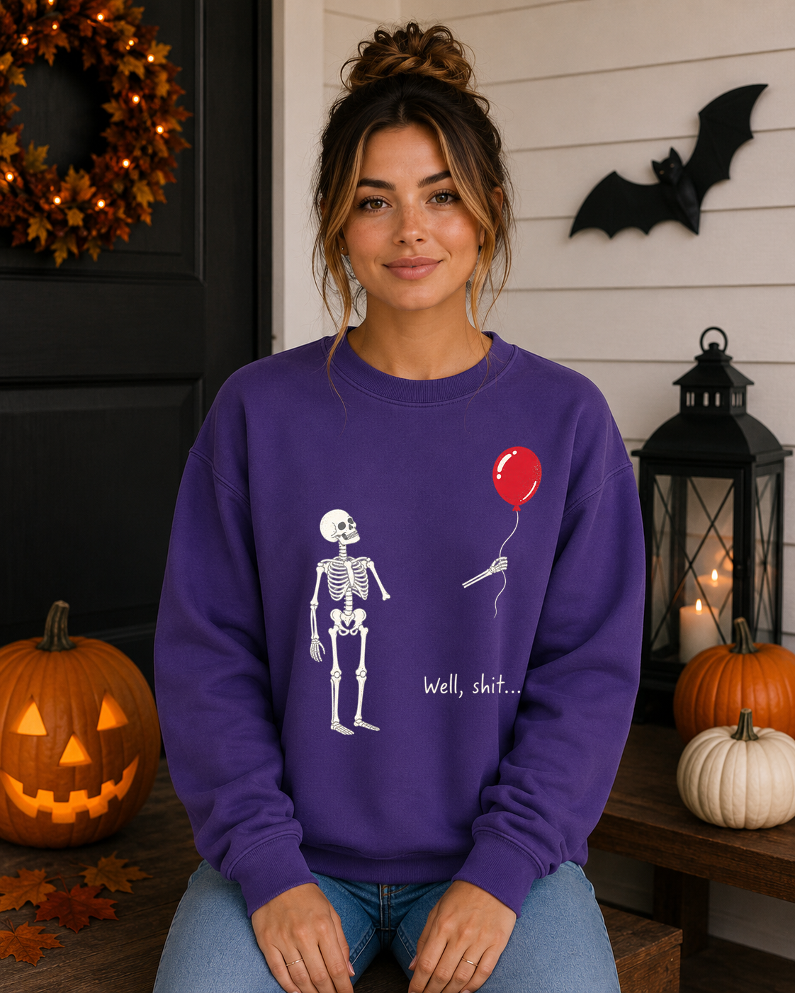 Funny Skeleton Balloon Gildan Sweatshirt | “Well, Shit...” Halloween Crewneck | Sarcastic Spooky Season Skeleton Sweatshirt