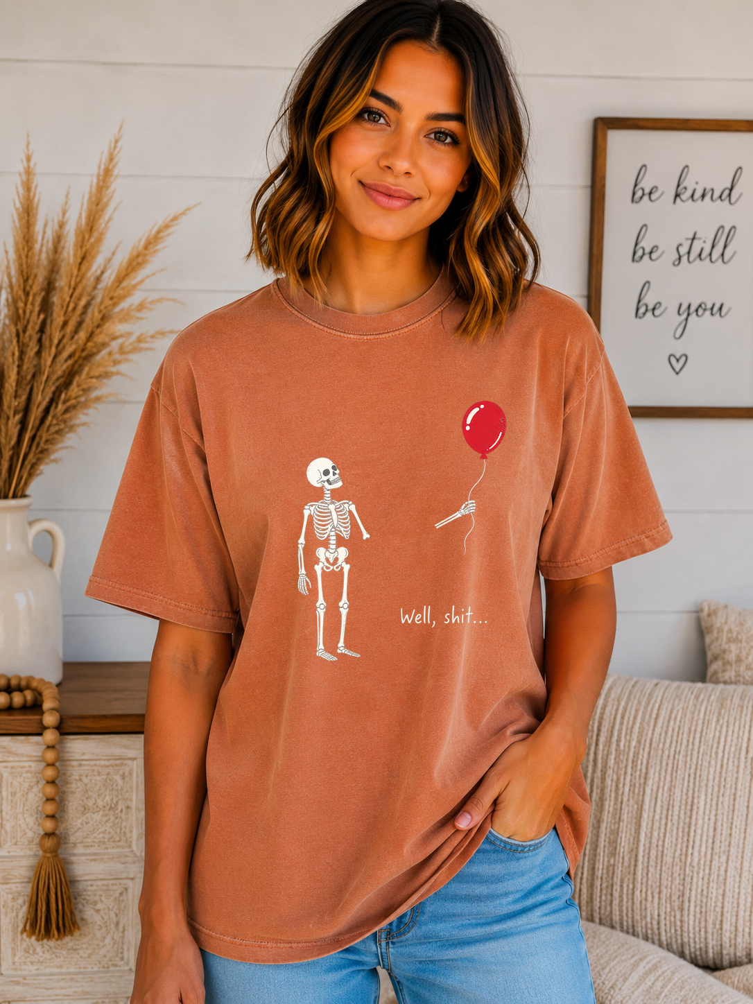 Funny Skeleton Balloon Comfort Colors T-Shirt | “Well, Shit...” Halloween Graphic Tee | Spooky Season Skeleton Shirt