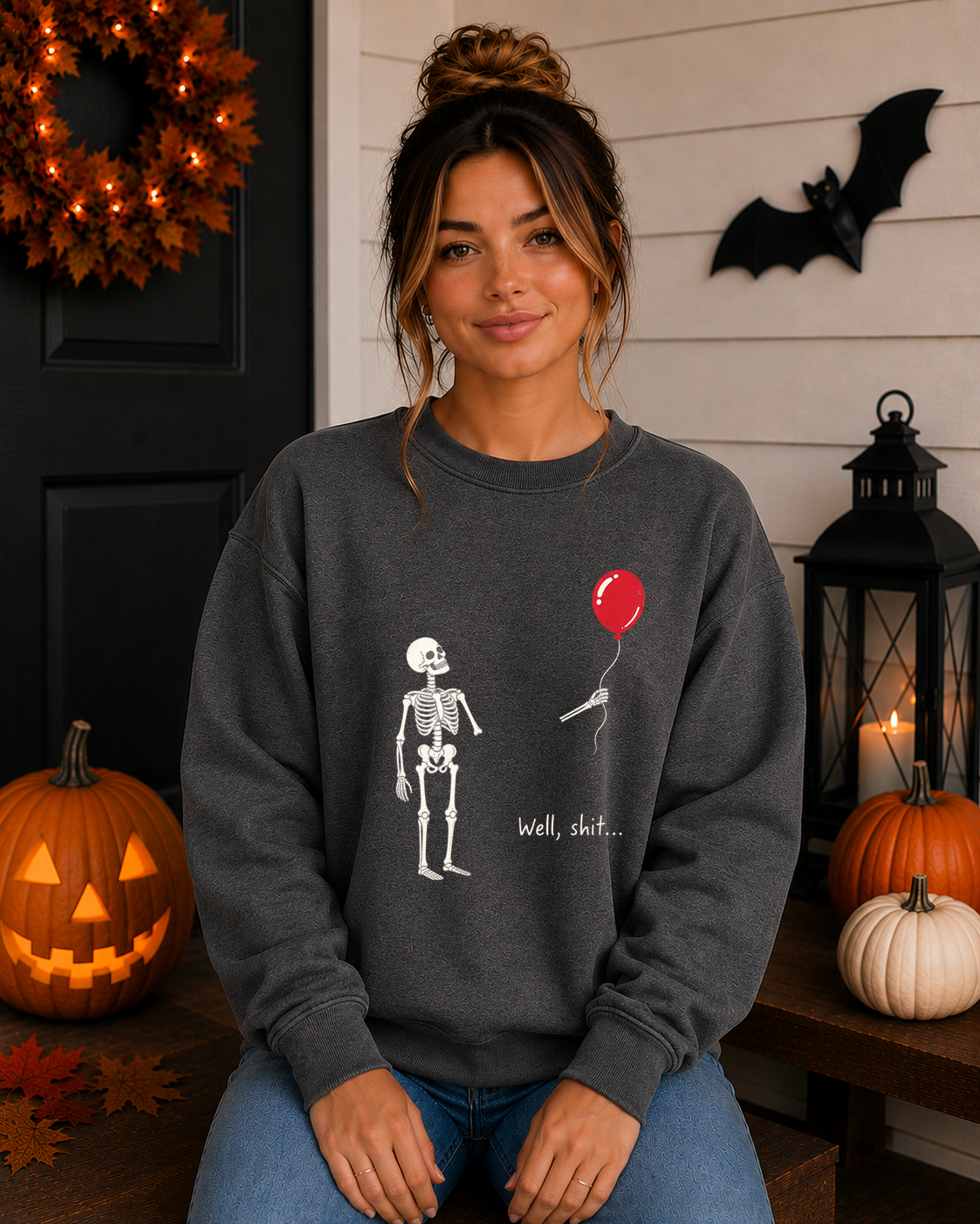 Funny Skeleton Balloon Gildan Sweatshirt | “Well, Shit...” Halloween Crewneck | Sarcastic Spooky Season Skeleton Sweatshirt