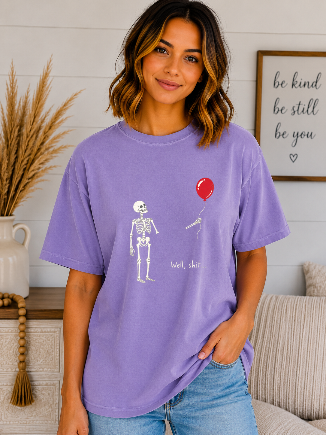 Funny Skeleton Balloon Comfort Colors T-Shirt | “Well, Shit...” Halloween Graphic Tee | Spooky Season Skeleton Shirt