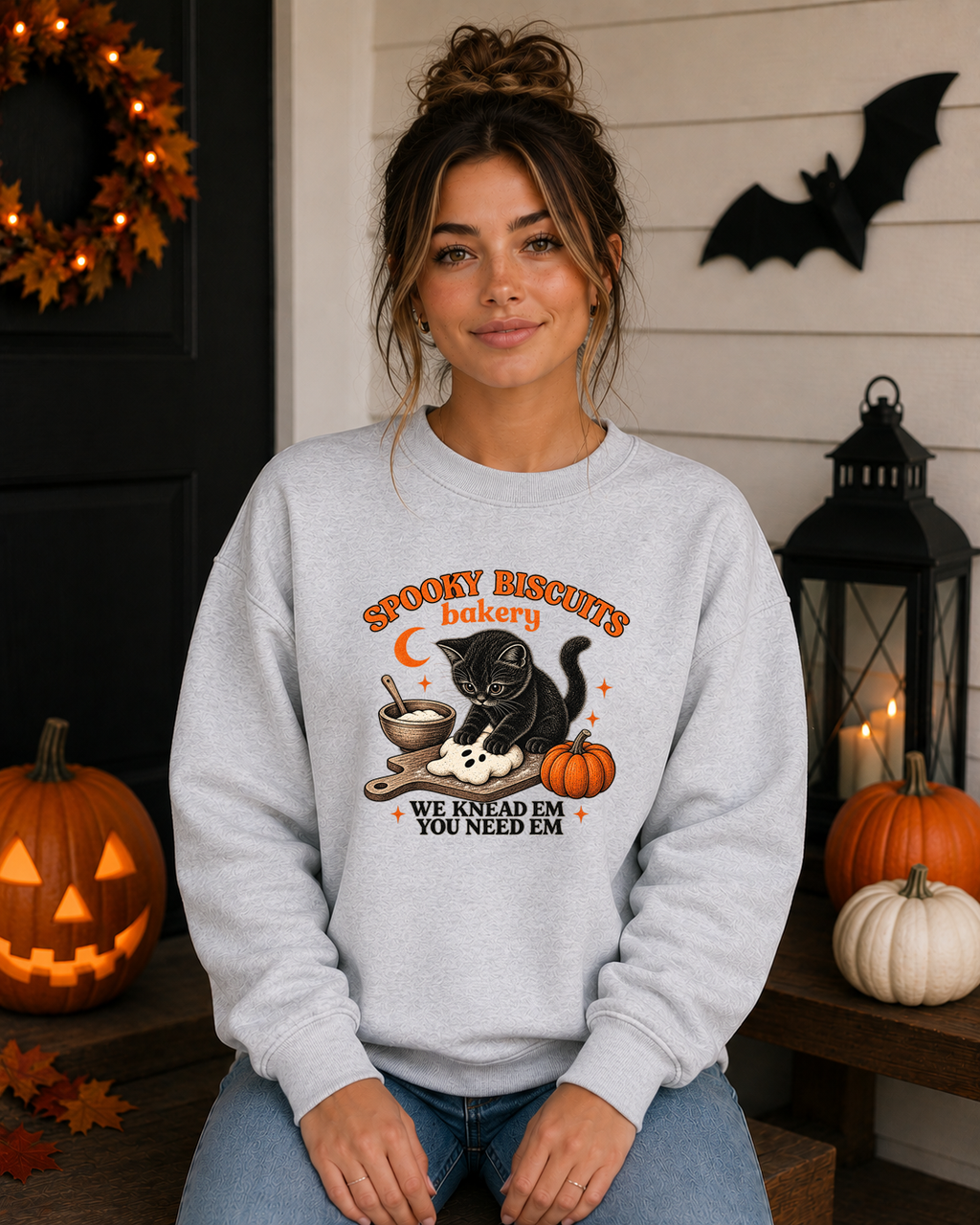 Spooky Biscuits Bakery Gildan Sweatshirt | Cute Black Cat Halloween Crewneck | We Knead Em You Need Em Fall Sweatshirt