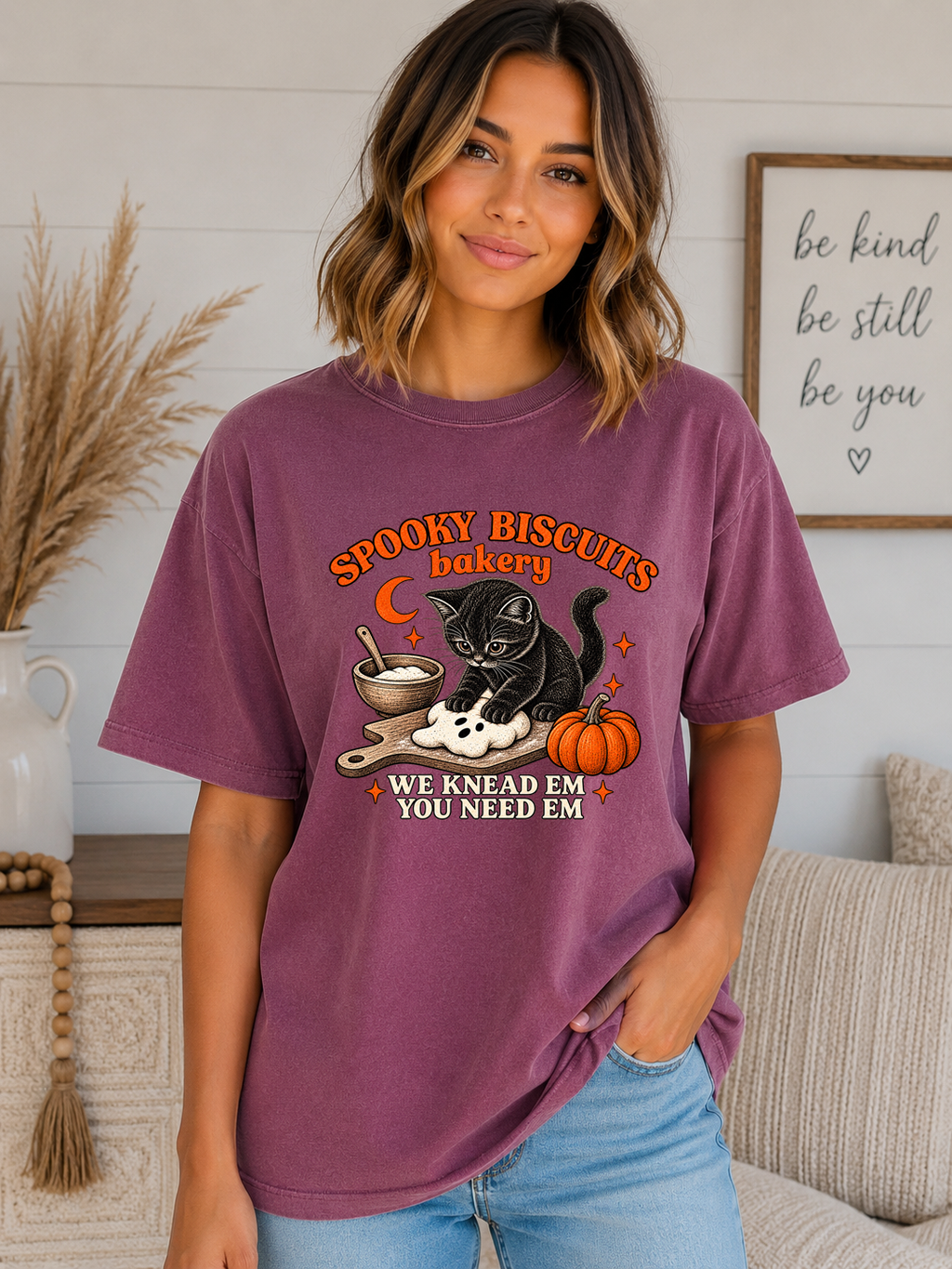 Spooky Biscuits Bakery Comfort Colors T-Shirt | Cute Black Cat Halloween Graphic Tee | We Knead Em You Need Em Fall Shirt