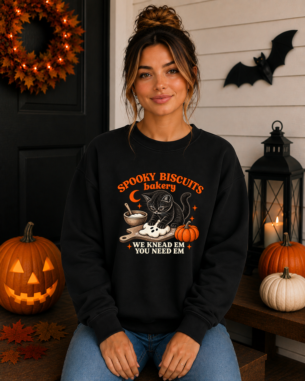 Spooky Biscuits Bakery Gildan Sweatshirt | Cute Black Cat Halloween Crewneck | We Knead Em You Need Em Fall Sweatshirt
