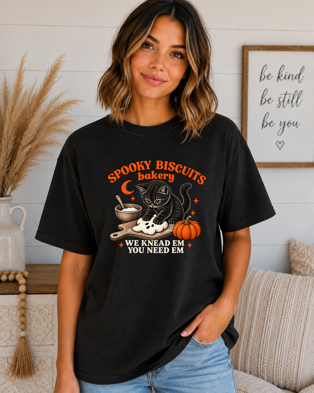 Spooky Biscuits Bakery Comfort Colors T-Shirt | Cute Black Cat Halloween Graphic Tee | We Knead Em You Need Em Fall Shirt