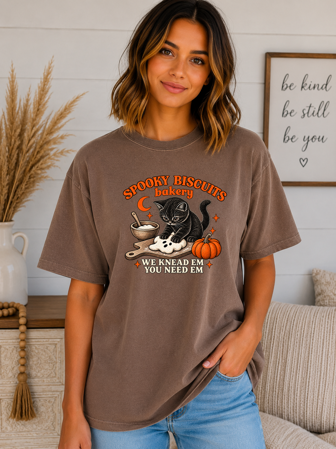 Spooky Biscuits Bakery Comfort Colors T-Shirt | Cute Black Cat Halloween Graphic Tee | We Knead Em You Need Em Fall Shirt