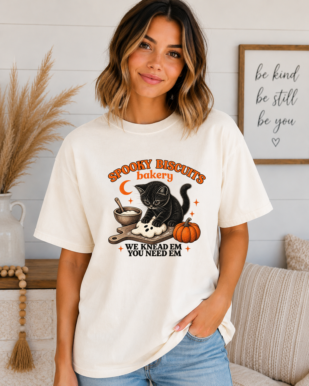 Spooky Biscuits Bakery Comfort Colors T-Shirt | Cute Black Cat Halloween Graphic Tee | We Knead Em You Need Em Fall Shirt