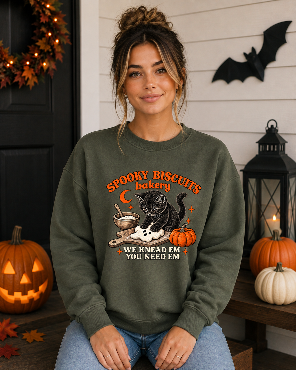 Spooky Biscuits Bakery Gildan Sweatshirt | Cute Black Cat Halloween Crewneck | We Knead Em You Need Em Fall Sweatshirt
