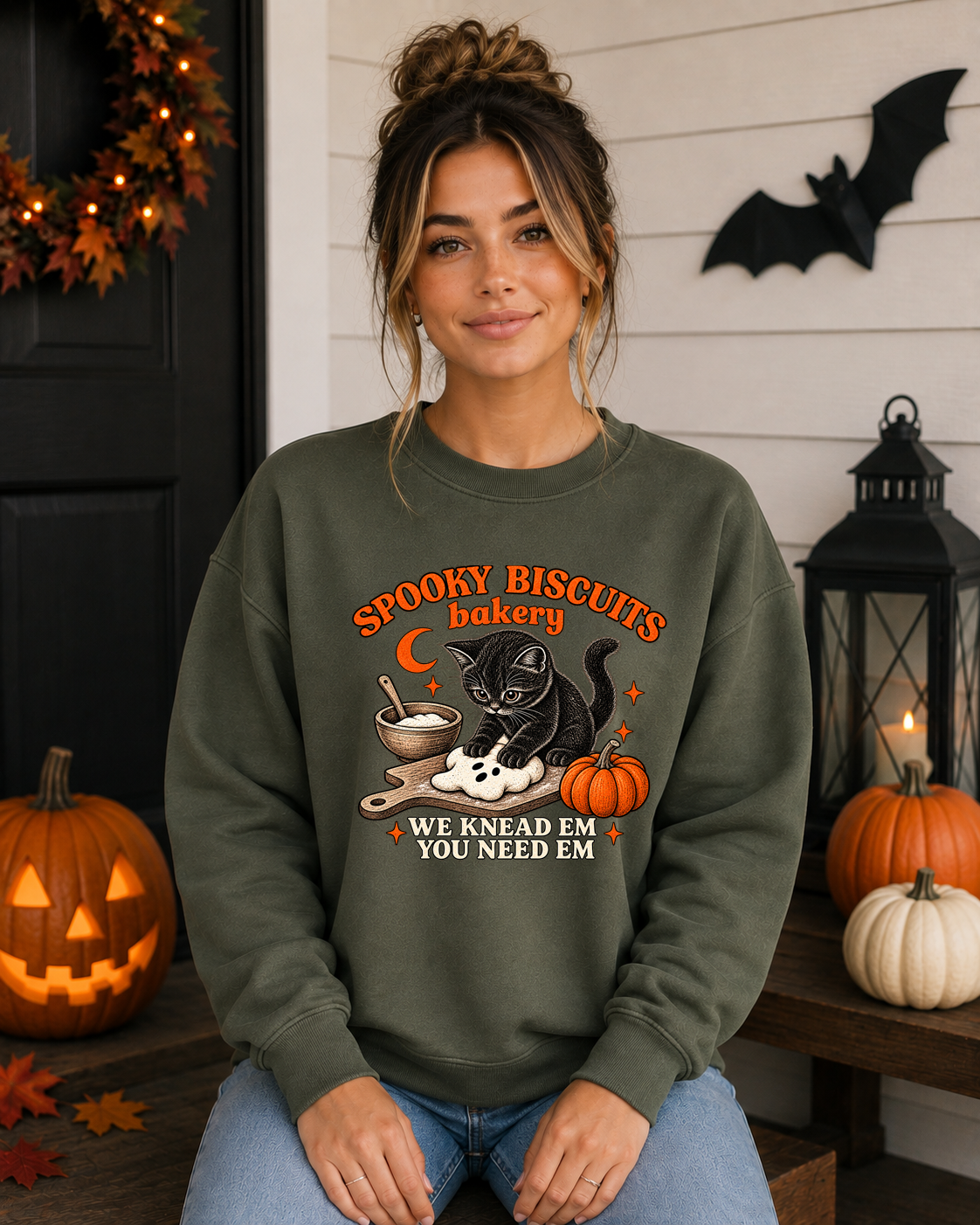 Spooky Biscuits Bakery Gildan Sweatshirt | Cute Black Cat Halloween Crewneck | We Knead Em You Need Em Fall Sweatshirt