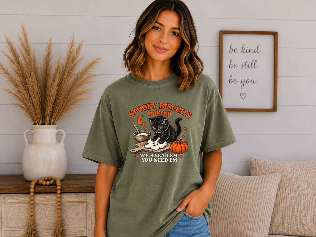 Spooky Biscuits Bakery Comfort Colors T-Shirt | Cute Black Cat Halloween Graphic Tee | We Knead Em You Need Em Fall Shirt
