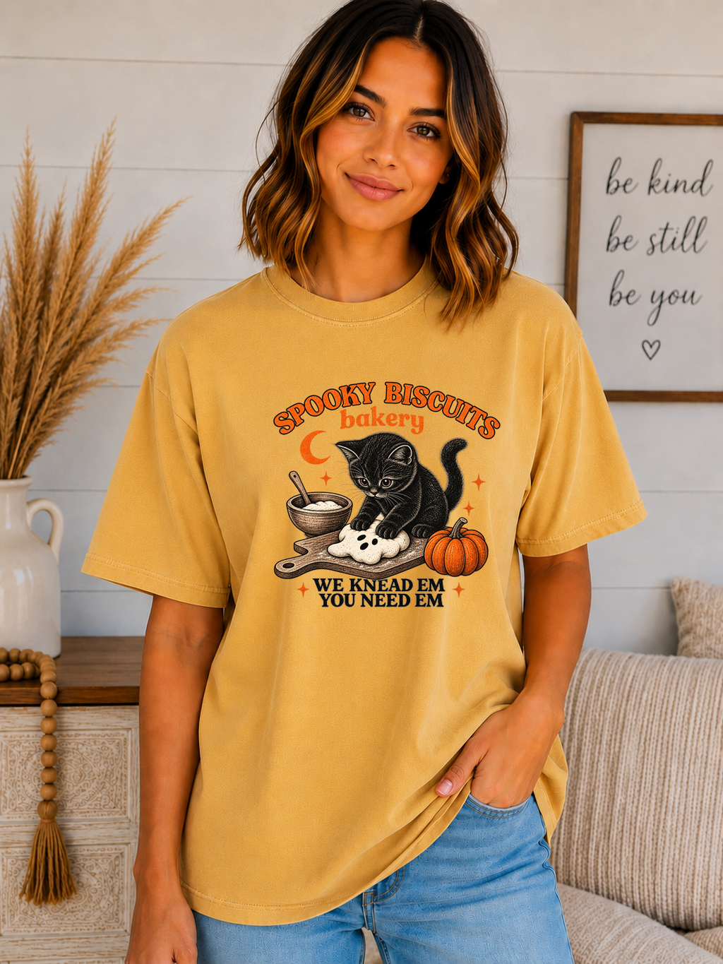 Spooky Biscuits Bakery Comfort Colors T-Shirt | Cute Black Cat Halloween Graphic Tee | We Knead Em You Need Em Fall Shirt