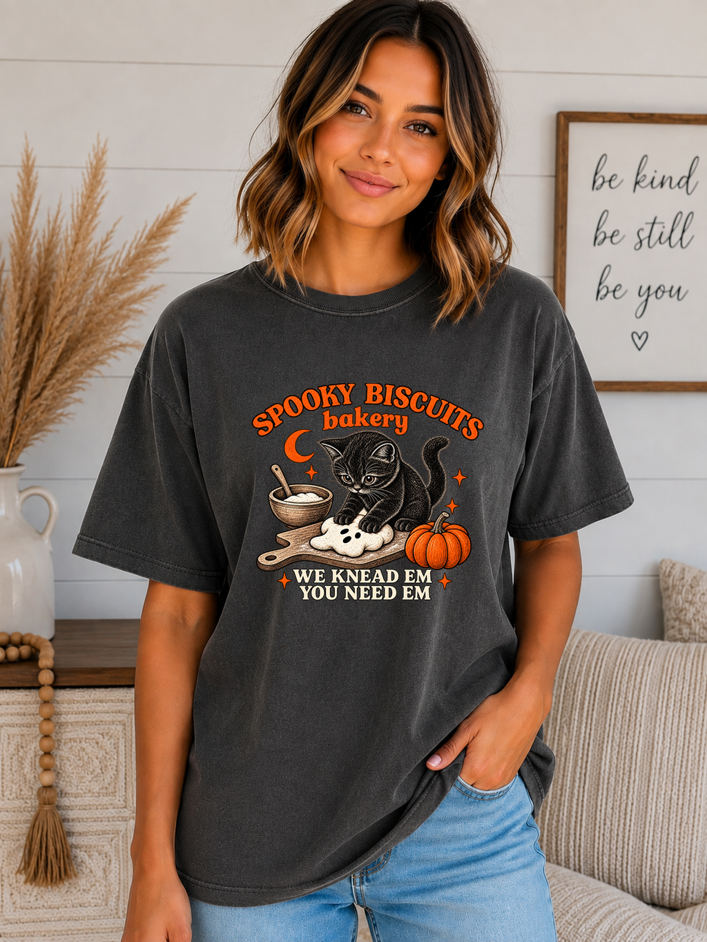 Spooky Biscuits Bakery Comfort Colors T-Shirt | Cute Black Cat Halloween Graphic Tee | We Knead Em You Need Em Fall Shirt