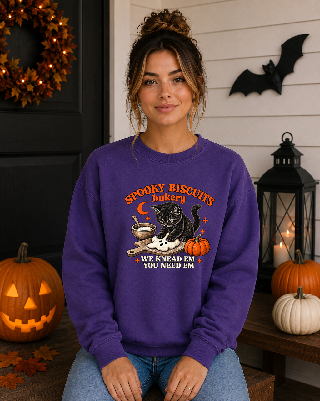 Spooky Biscuits Bakery Gildan Sweatshirt | Cute Black Cat Halloween Crewneck | We Knead Em You Need Em Fall Sweatshirt