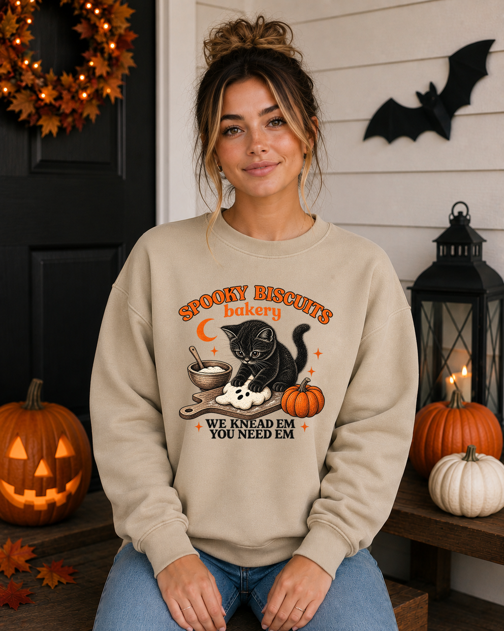 Spooky Biscuits Bakery Gildan Sweatshirt | Cute Black Cat Halloween Crewneck | We Knead Em You Need Em Fall Sweatshirt