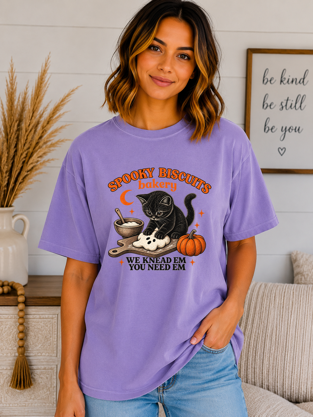 Spooky Biscuits Bakery Comfort Colors T-Shirt | Cute Black Cat Halloween Graphic Tee | We Knead Em You Need Em Fall Shirt