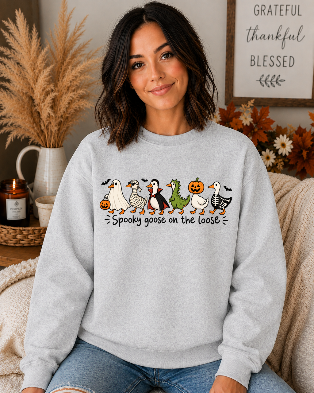 Spooky Goose on the Loose Gildan Sweatshirt – Cute Halloween Goose Graphic Crewneck, Funny Spooky Season Shirt