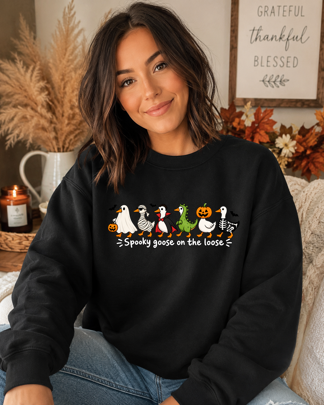 Spooky Goose on the Loose Gildan Sweatshirt – Cute Halloween Goose Graphic Crewneck, Funny Spooky Season Shirt