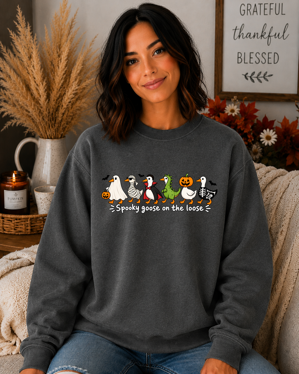 Spooky Goose on the Loose Gildan Sweatshirt – Cute Halloween Goose Graphic Crewneck, Funny Spooky Season Shirt