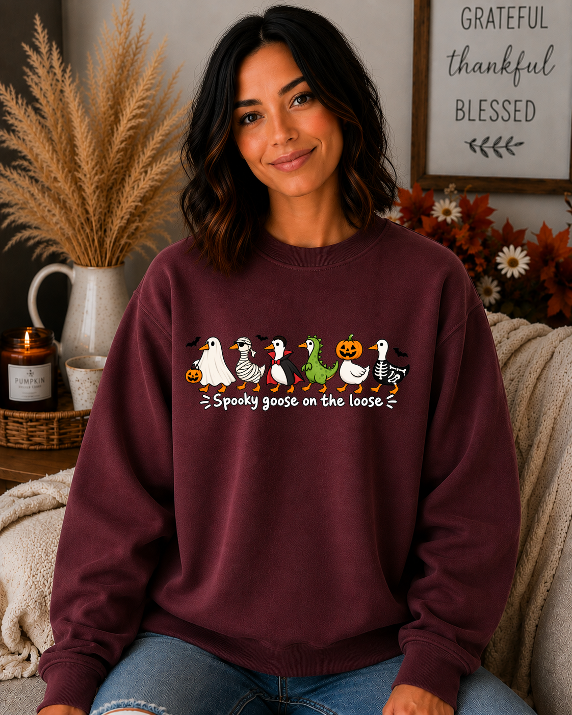 Spooky Goose on the Loose Gildan Sweatshirt – Cute Halloween Goose Graphic Crewneck, Funny Spooky Season Shirt
