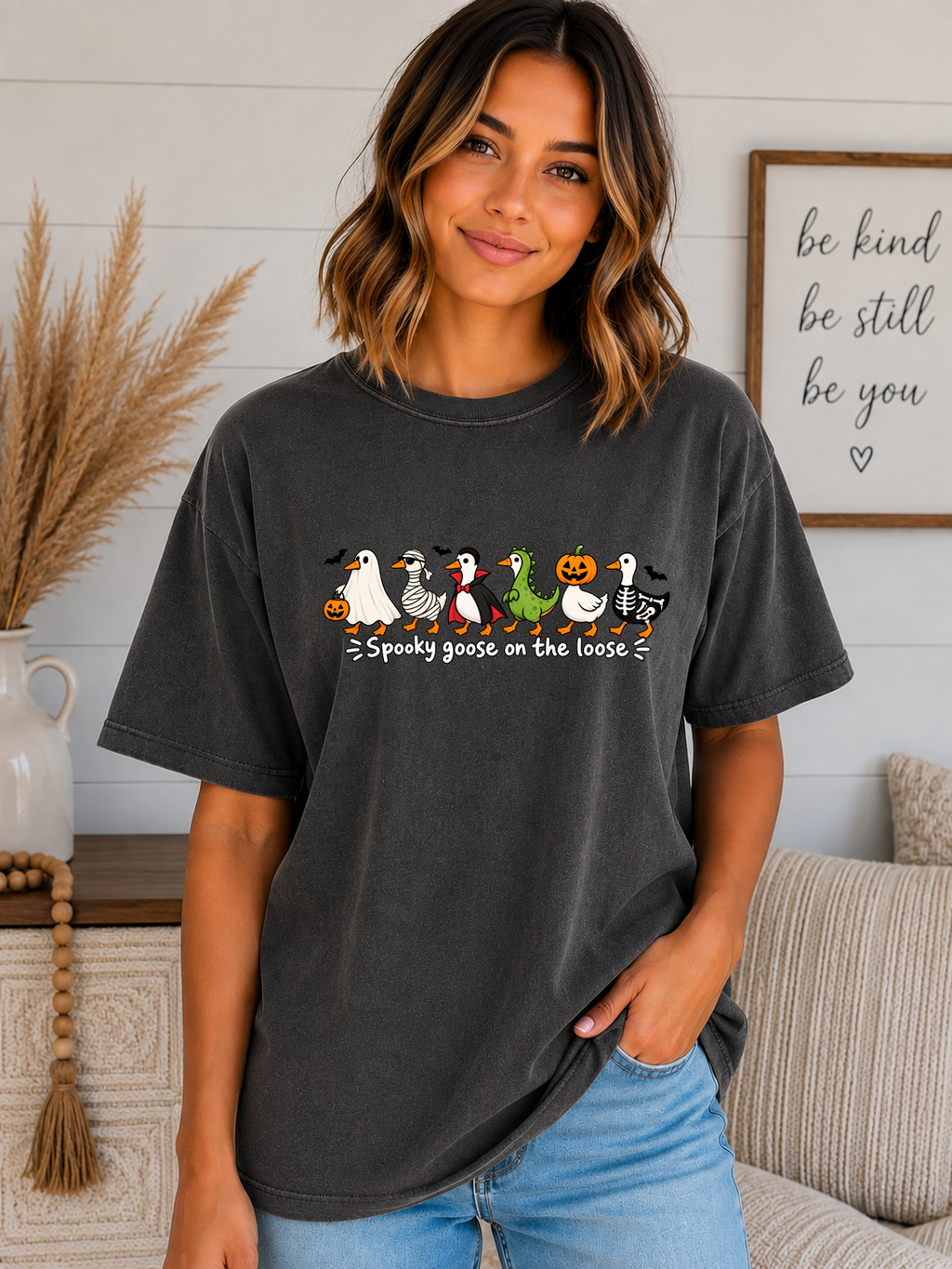 Spooky Goose on the Loose Comfort Colors T-Shirt – Cute Halloween Goose Graphic Tee, Funny Spooky Season Shirt