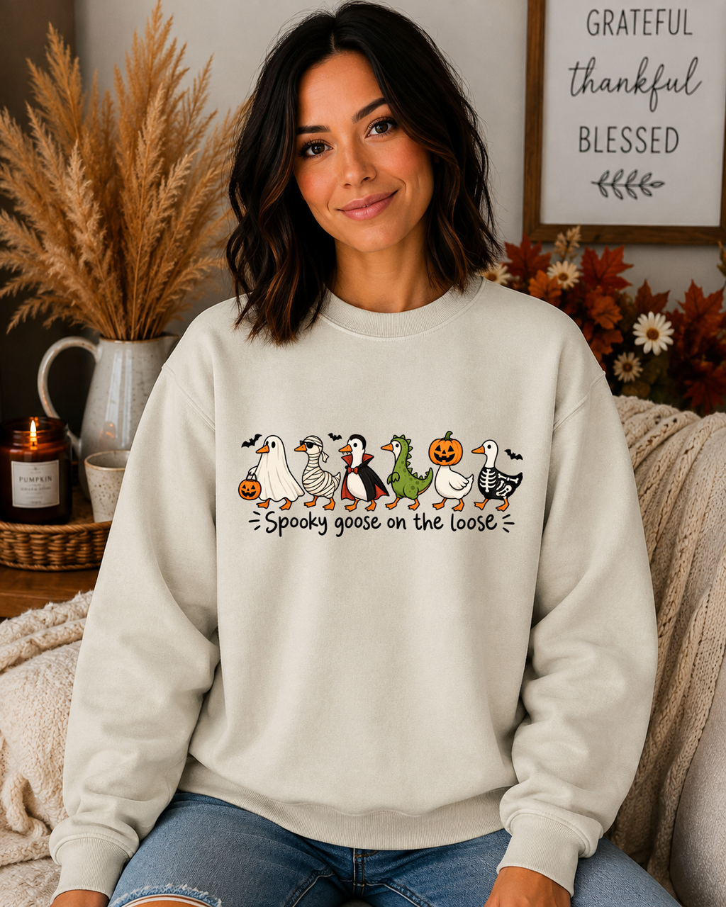 Spooky Goose on the Loose Gildan Sweatshirt – Cute Halloween Goose Graphic Crewneck, Funny Spooky Season Shirt