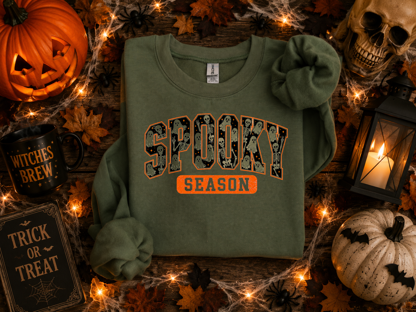 Spooky Season, Halloween, Ghost, Skeleton, Gildan Sweatshirt
