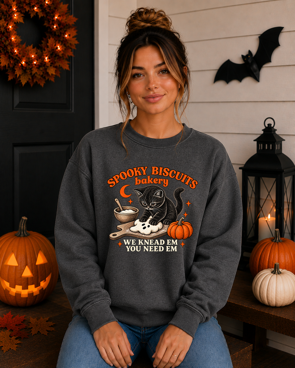 Spooky Biscuits Bakery Gildan Sweatshirt | Cute Black Cat Halloween Crewneck | We Knead Em You Need Em Fall Sweatshirt