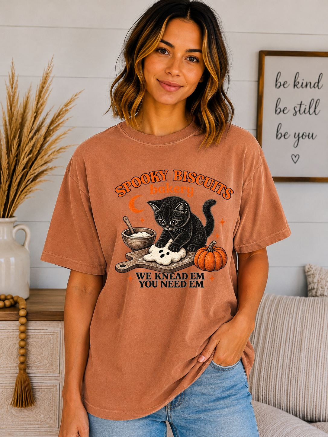 Spooky Biscuits Bakery Comfort Colors T-Shirt | Cute Black Cat Halloween Graphic Tee | We Knead Em You Need Em Fall Shirt