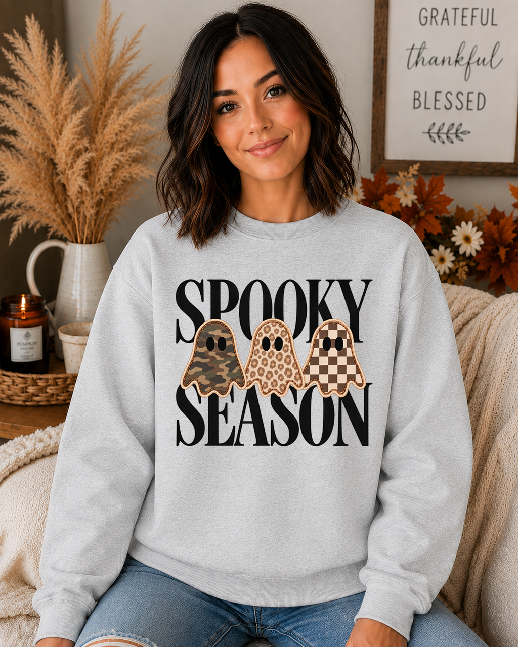 Spooky Season Ghost Gildan Sweatshirt | Camo Leopard & Checkered Halloween Crewneck | Cute Fall Graphic Sweatshirt