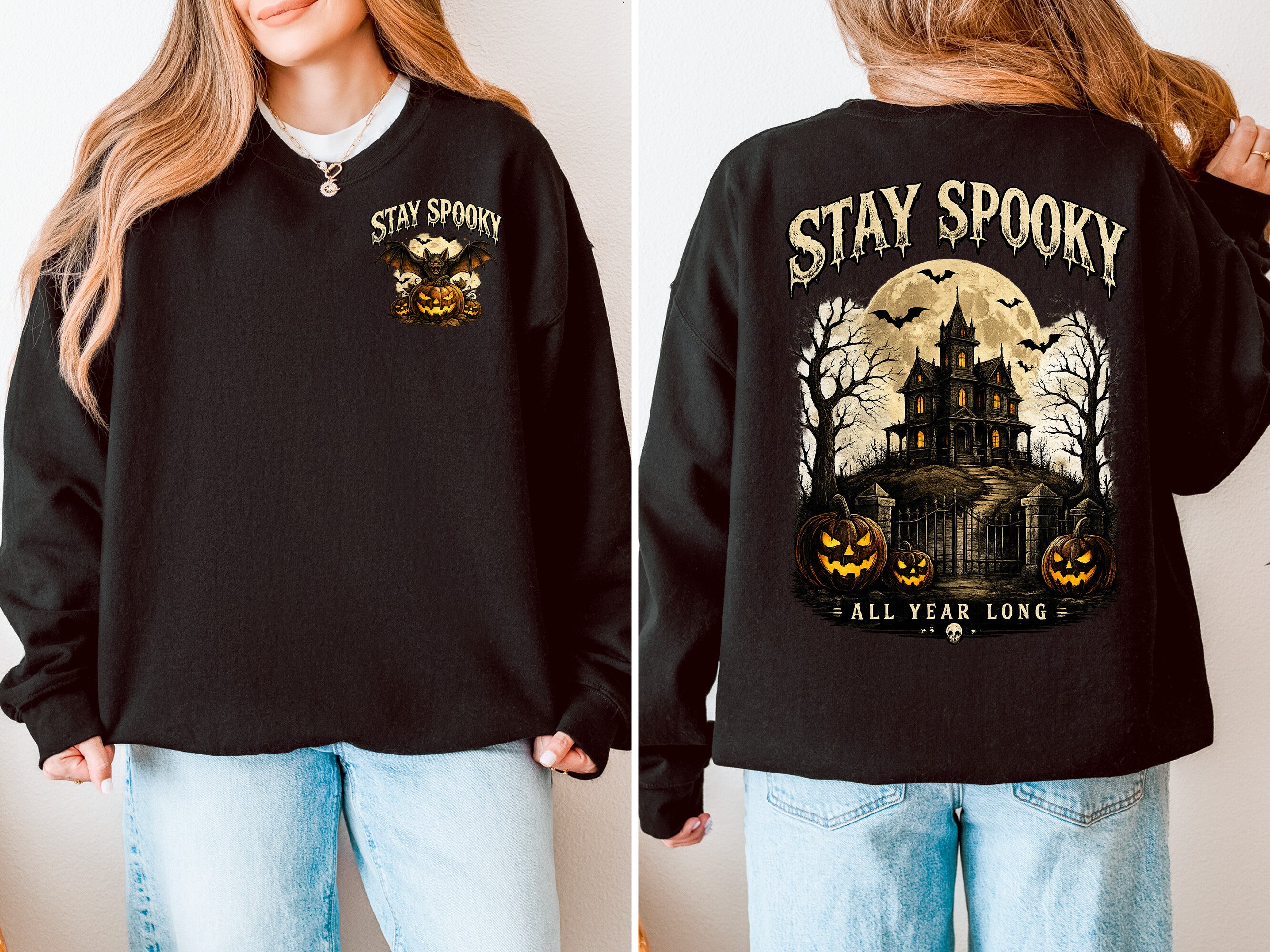 Stay Spooky, Halloween, Spooky, Jack o Lantern, Bat, Gildan Sweatshirt