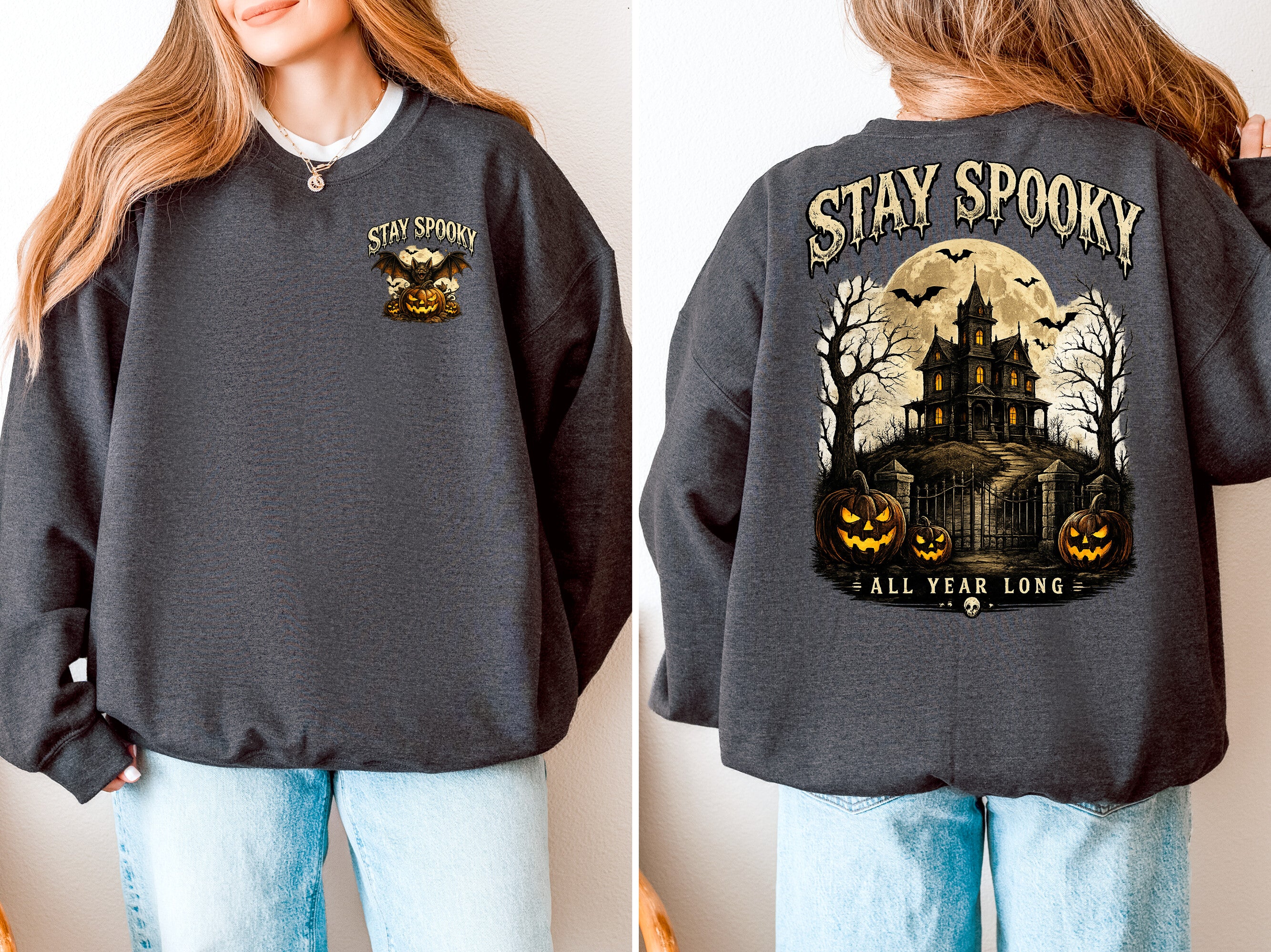 Stay Spooky, Halloween, Spooky, Jack o Lantern, Bat, Gildan Sweatshirt