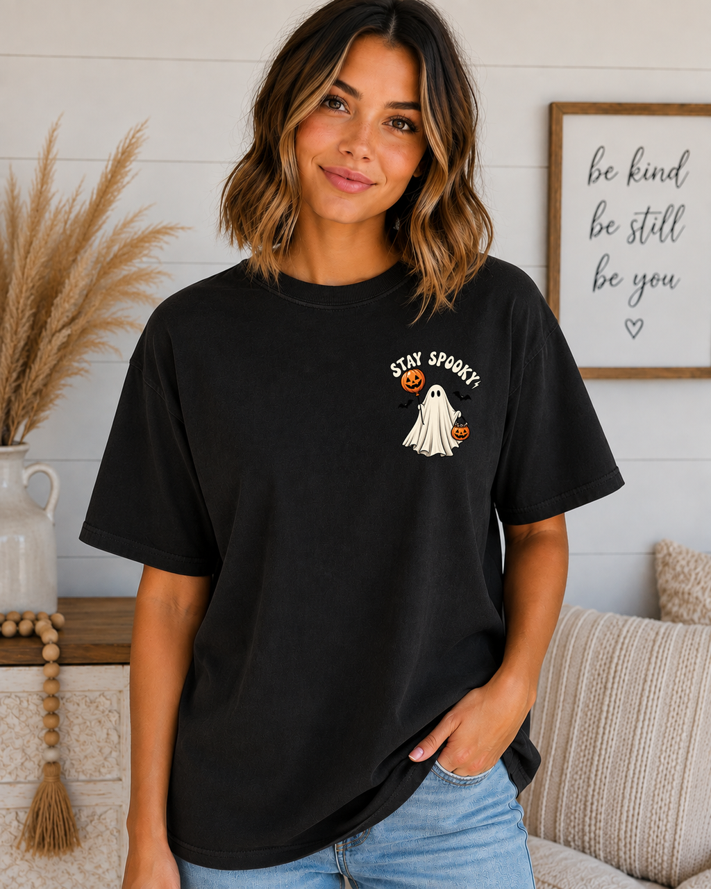 Stay Spooky Ghost Comfort Colors T-Shirt – Cute Halloween Pocket Graphic Tee, Pumpkin & Ghost Spooky Season Shirt, Fall Halloween Tee