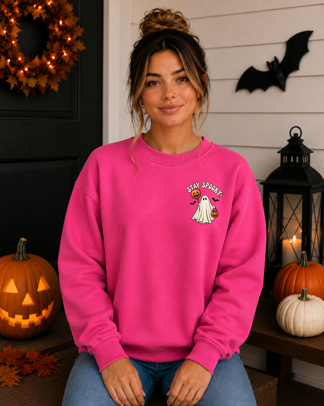 Stay Spooky Gildan Sweatshirt – Cute Ghost Halloween Crewneck, Pumpkin Trick or Treat Graphic, Spooky Season Fall Sweatshirt