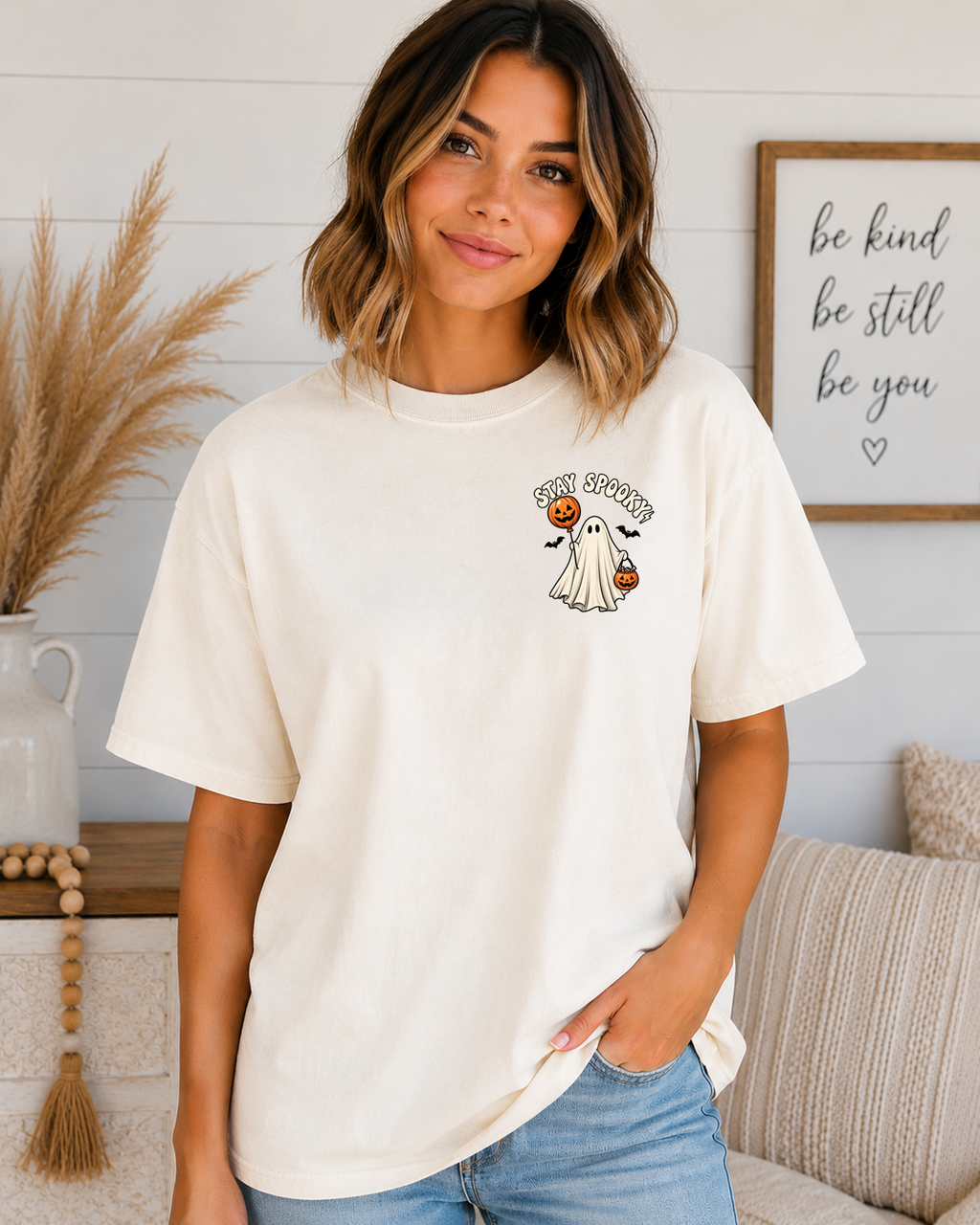Stay Spooky Ghost Comfort Colors T-Shirt – Cute Halloween Pocket Graphic Tee, Pumpkin & Ghost Spooky Season Shirt, Fall Halloween Tee