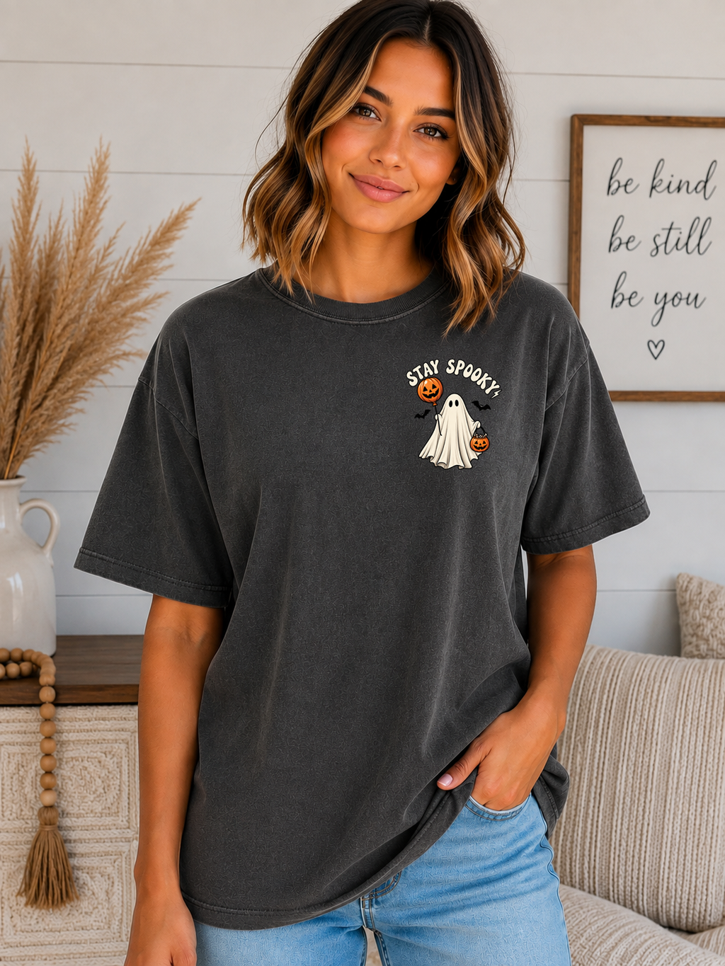 Stay Spooky Ghost Comfort Colors T-Shirt – Cute Halloween Pocket Graphic Tee, Pumpkin & Ghost Spooky Season Shirt, Fall Halloween Tee