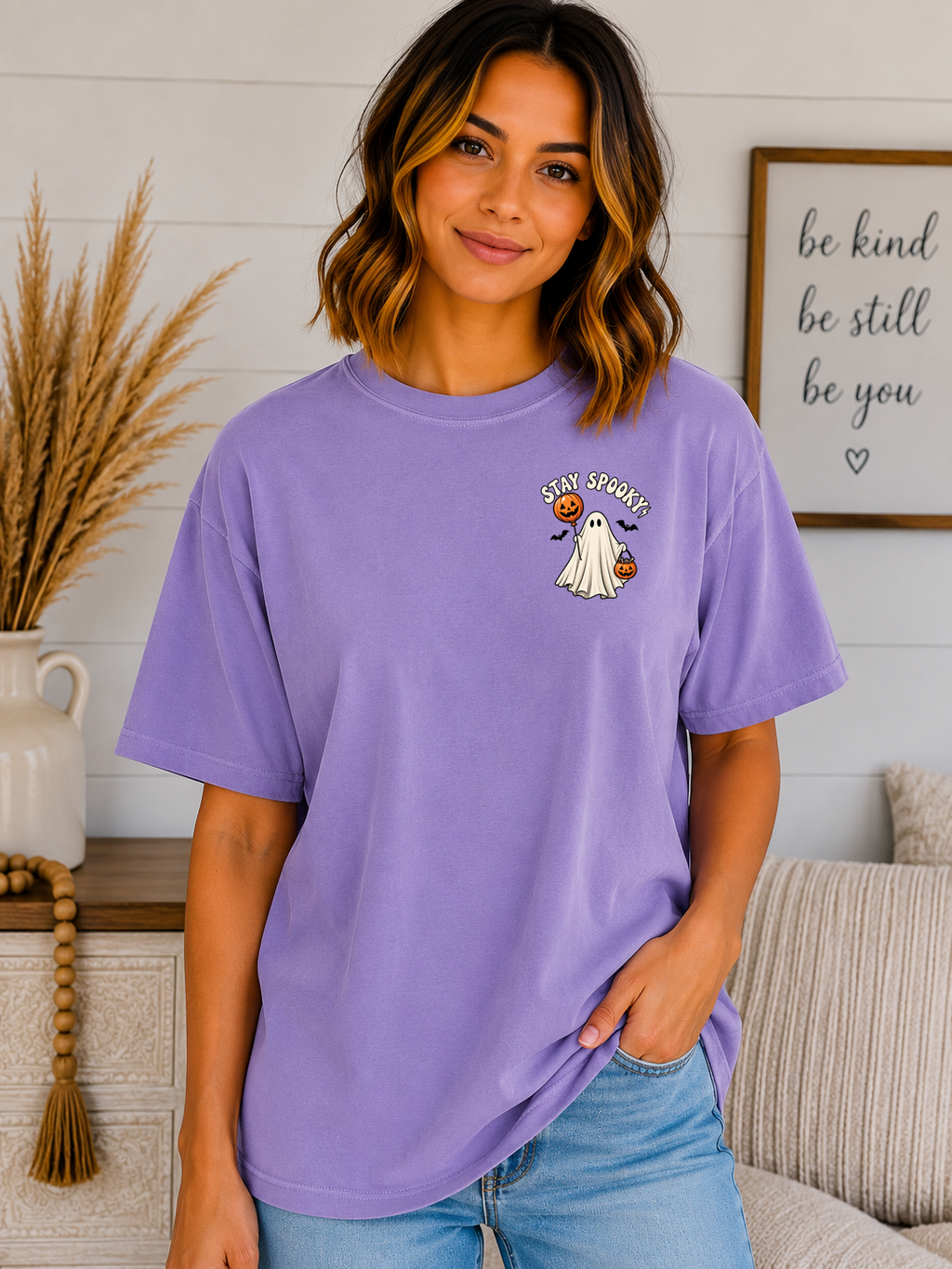 Stay Spooky Ghost Comfort Colors T-Shirt – Cute Halloween Pocket Graphic Tee, Pumpkin & Ghost Spooky Season Shirt, Fall Halloween Tee