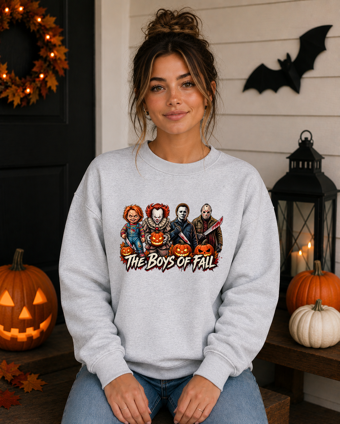 The Boys of Fall Halloween Gildan Sweatshirt – Horror Icons & Pumpkins Spooky Season Graphic Crewneck