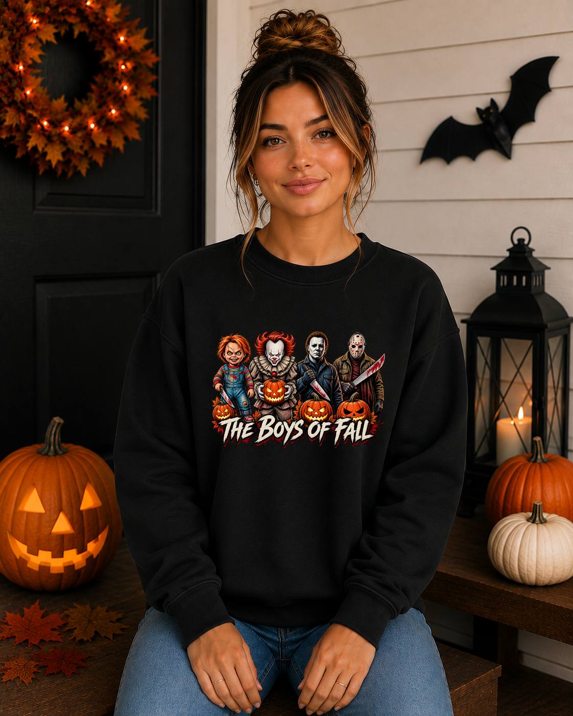 The Boys of Fall Halloween Gildan Sweatshirt – Horror Icons & Pumpkins Spooky Season Graphic Crewneck