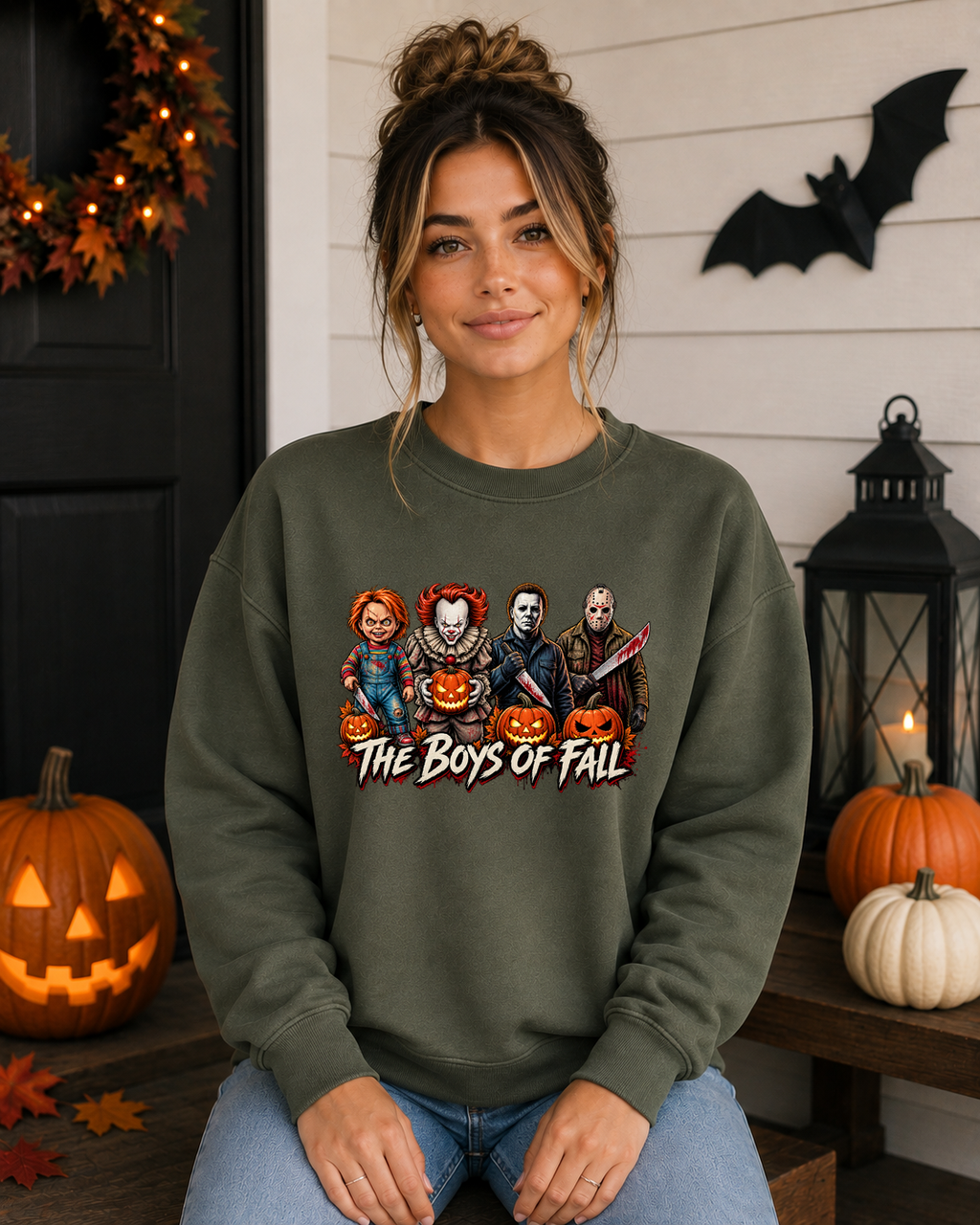 The Boys of Fall Halloween Gildan Sweatshirt – Horror Icons & Pumpkins Spooky Season Graphic Crewneck