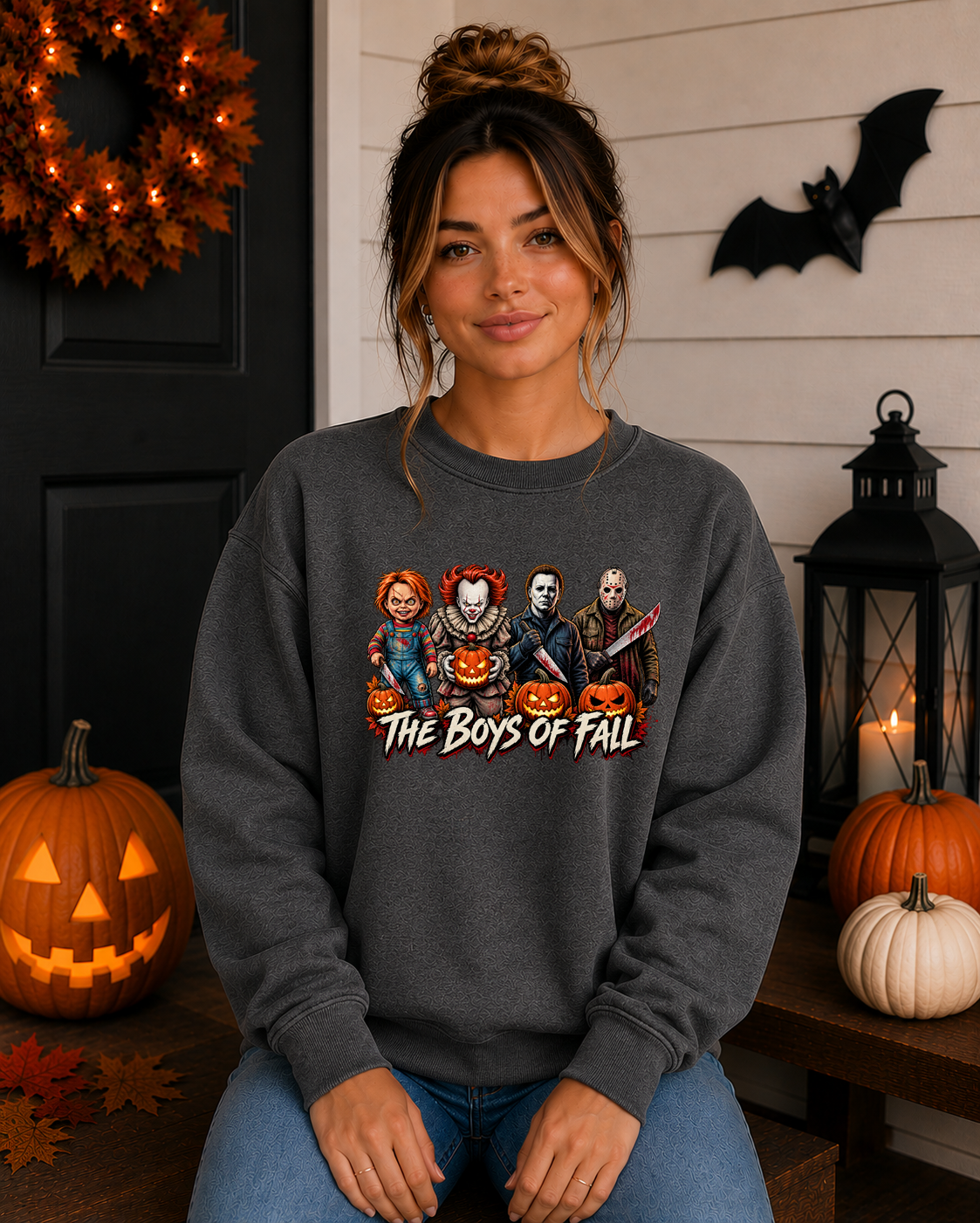 The Boys of Fall Halloween Gildan Sweatshirt – Horror Icons & Pumpkins Spooky Season Graphic Crewneck