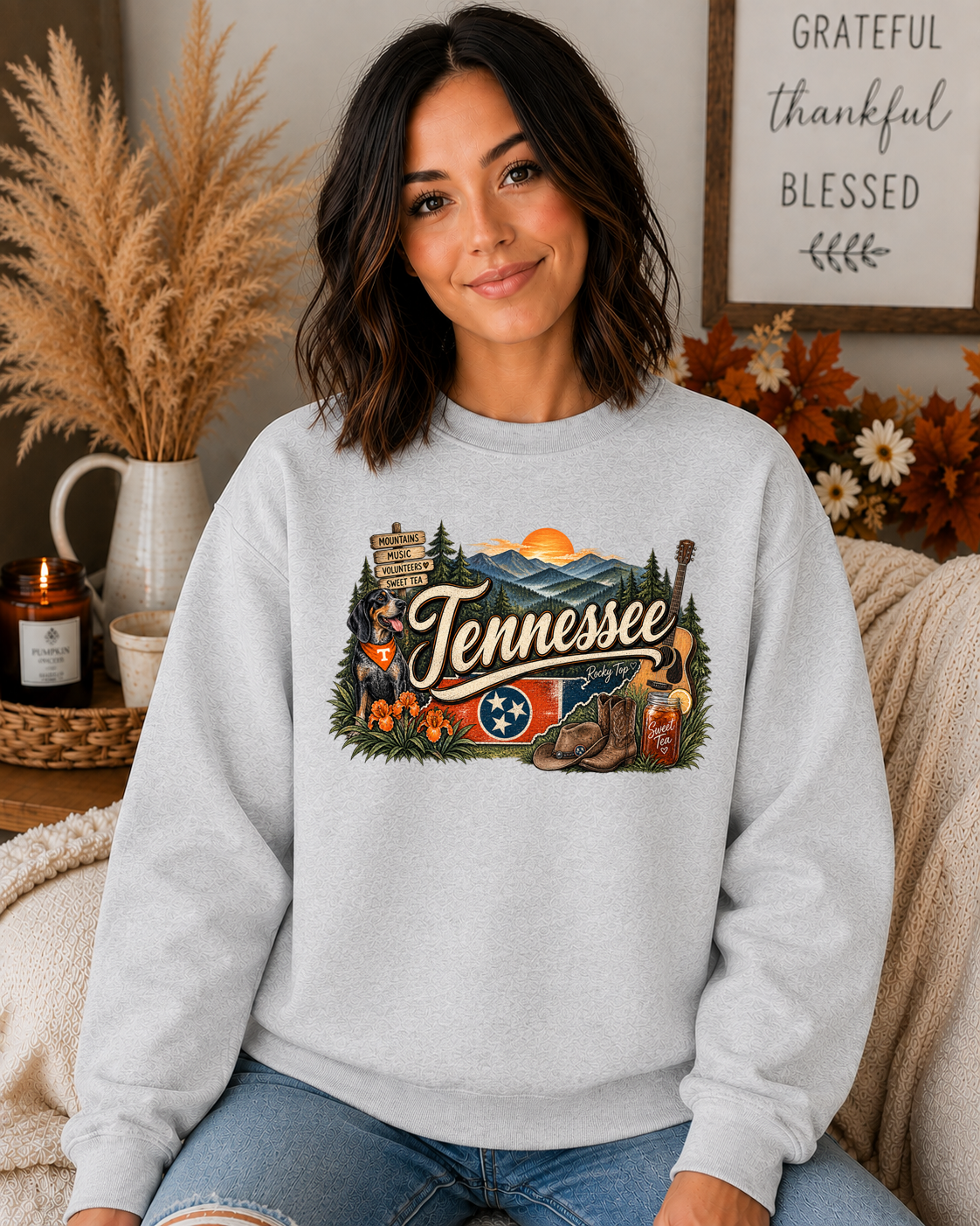 Tennessee Home Sweet Home Gildan Sweatshirt – Smoky Mountains, Music, Volunteer State & Southern Tennessee Graphic Crewneck