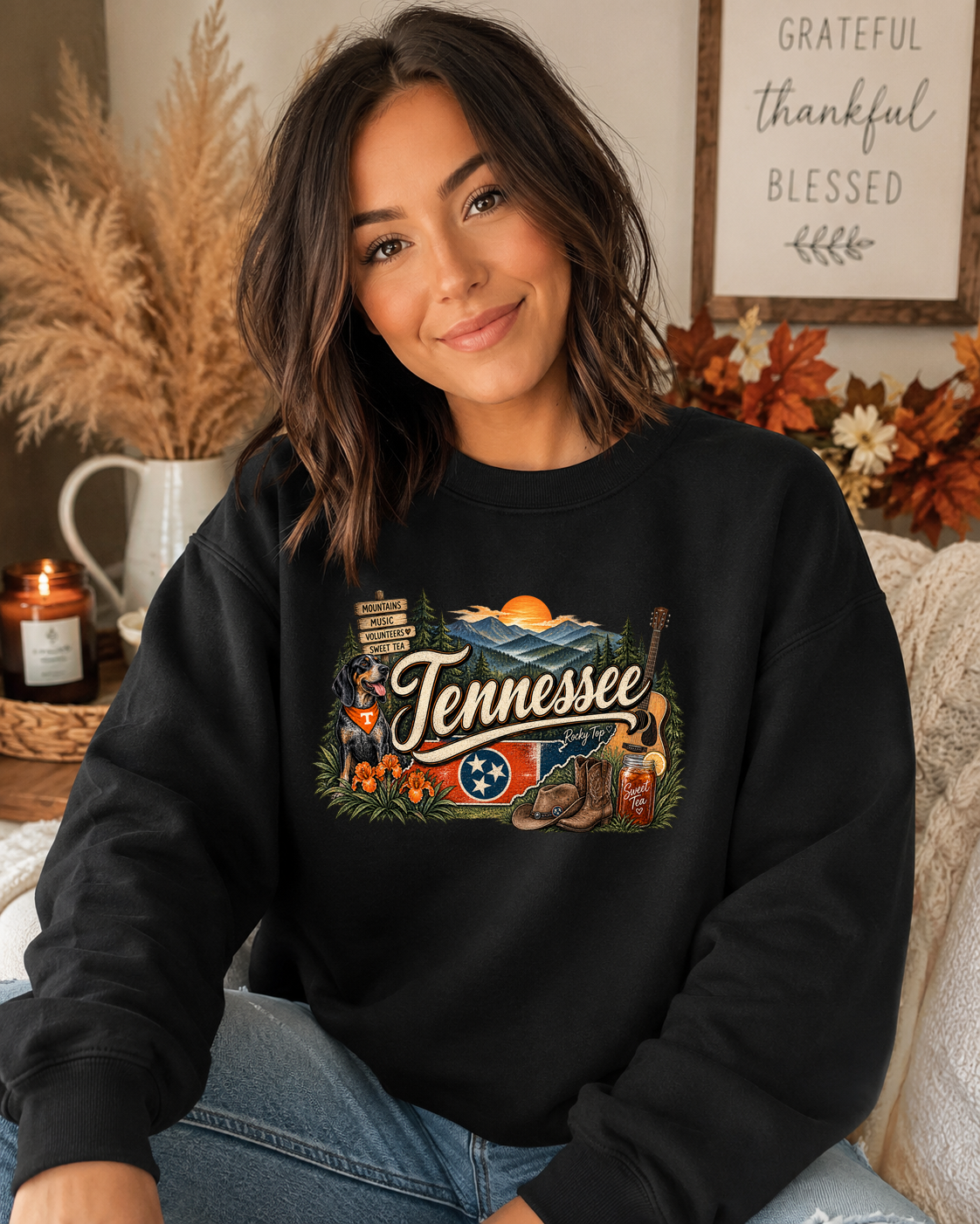 Tennessee Home Sweet Home Gildan Sweatshirt – Smoky Mountains, Music, Volunteer State & Southern Tennessee Graphic Crewneck